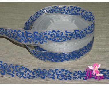 Органза 25 мм белого цвета с рисунком "Гжель".