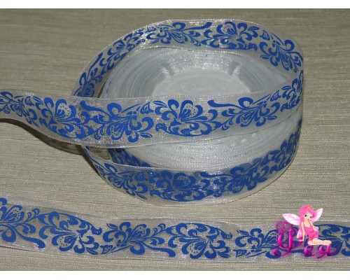  Органза 25 мм белого цвета с рисунком "Гжель".