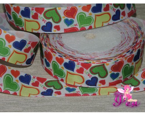 Лента репсовая 25 мм с рисунком "Цветные сердца"
