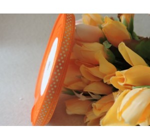 Атласная с рис. горох 6мм*45м, морковного цвета с рисунком "Мелкий белый горох"