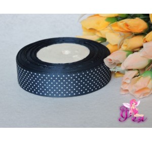 Репсовая лента 25 мм  с рисунком "Мелкий белый горох", темно-синего цвета - 1м 