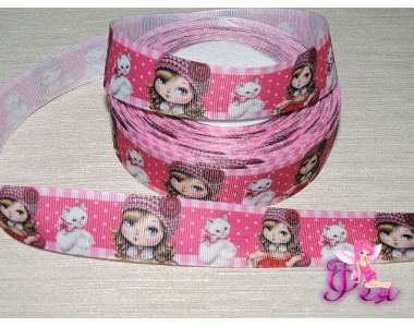 Репсовая лента 25 мм с рисунком  3D, "Девочка и кошка".