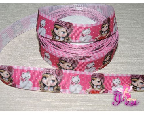 Репсовая лента 25 мм с рисунком  3D, "Девочка и кошка".