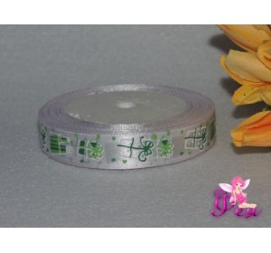 Лента атласная 15 мм с рисунком "Новогодний подарок" белый