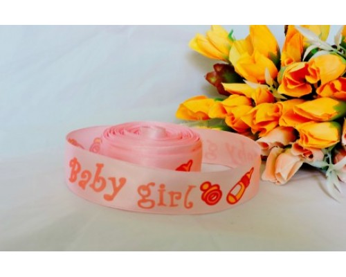 Атласная лента "Baby girl" 25мм, цв. розовый