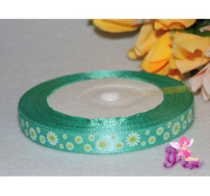 Атласная лента бирюзового цвета с рисунком "Ромашки" 