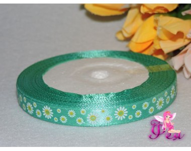 Атласная лента бирюзового цвета с рисунком "Ромашки"