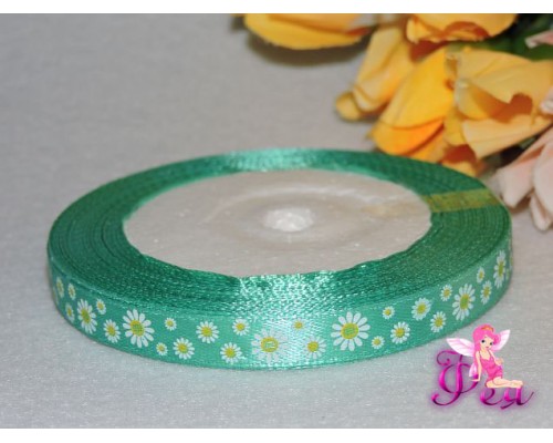 Атласная лента бирюзового цвета с рисунком "Ромашки" 
