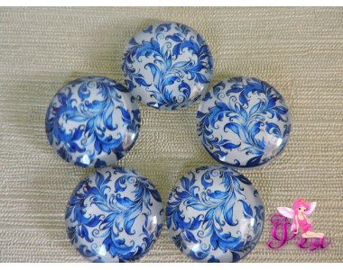 Кабошон стеклянный с рисунком 25мм, "Гжель"