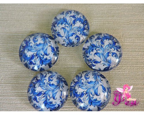 Кабошон стеклянный с рисунком 25мм, "Гжель"