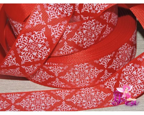 Лента репсовая 25 мм с рисункам "Узорк", цв. красный
