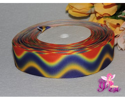 Репсовая лента градиент 25 мм "Волны" (красные, желтые, фиолетовые) 