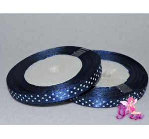 Лента атласная 10 мм темно-синего цвета в рисунок "Мелкий белый горох"