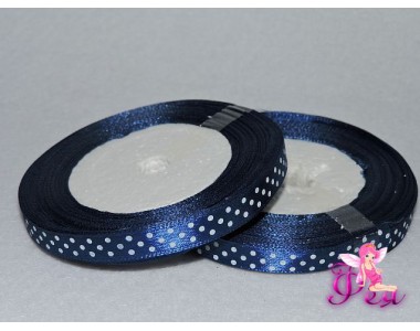 Лента атласная 10 мм темно-синего цвета в рисунок "Мелкий белый горох"