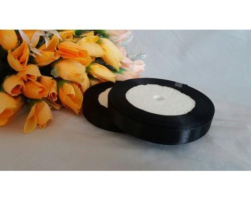 Однотонная атласная лента 12мм, цв. черный - 1 м.