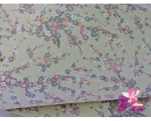 Кожзам глиттер "Цветочки", цв. бежевый