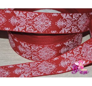 Лента репсовая 25 мм с рисункам "Дамаск", цв. белый/бордовый