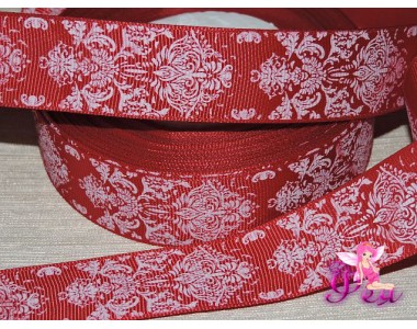 Лента репсовая 25 мм с рисункам "Дамаск", цв. белый/бордовый