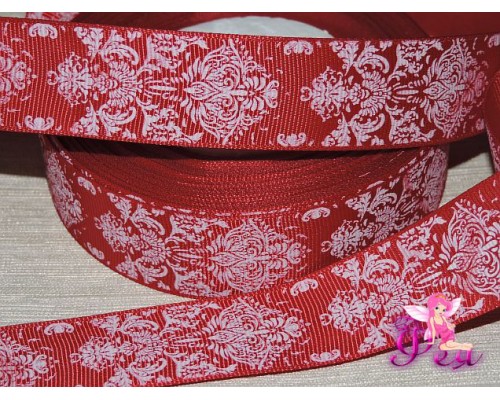 Лента репсовая 25 мм с рисункам "Дамаск", цв. белый/бордовый