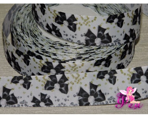 Репсовая лента 25 мм с рисунком "Черные бантики"