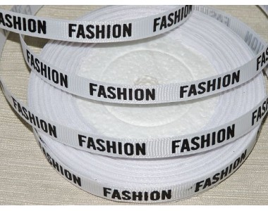 Репсовая лента 10 мм, с рисунком "FASHION", цв.белый - 1м