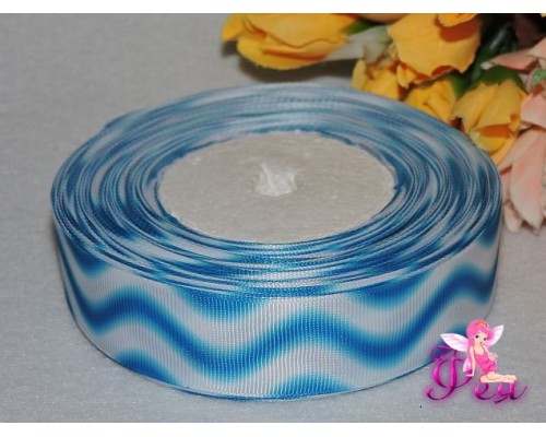 Репсовая лента градиент 25 мм,  "Волны" (белые и бирюзовые)