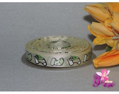 Лента атласная 15 мм с рисунком "Новогодний носок" бежевая