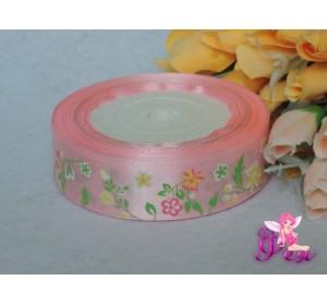 Атласная лента 25 мм нежно-розового цвета с рисунком "Полевые цветы"