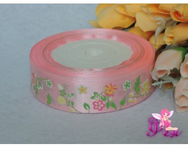 Атласная лента 25 мм нежно-розового цвета с рисунком "Полевые цветы"