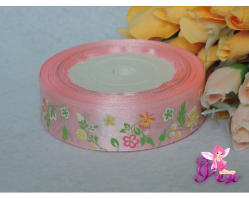Атласная лента 25 мм нежно-розового цвета с рисунком "Полевые цветы"