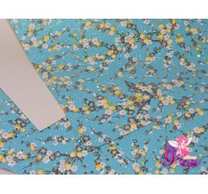 Кожзам глиттер "Цветочки", цв. голубой 