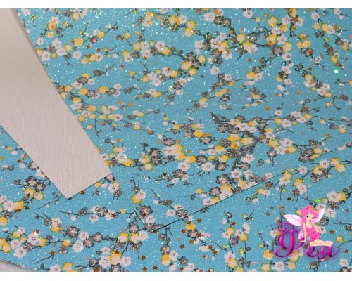 Кожзам глиттер "Цветочки", цв. голубой 
