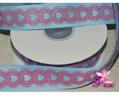 Лента репсовая 25 мм с рисункам "Кружево", цв. голубой