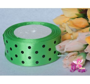 Атласная лента 40 мм светло-зеленого цвета с рисунком "Крупный черный горох"