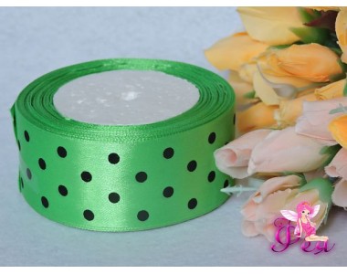 Атласная лента 40 мм светло-зеленого цвета с рисунком "Крупный черный горох"