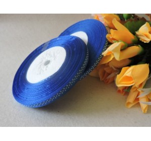 Атласная с рис. горох 6мм*45м, синего цвета с рисунком "Мелкий белый горох"