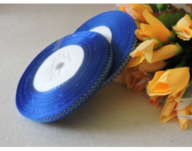 Атласная с рис. горох 6мм*45м, синего цвета с рисунком "Мелкий белый горох"