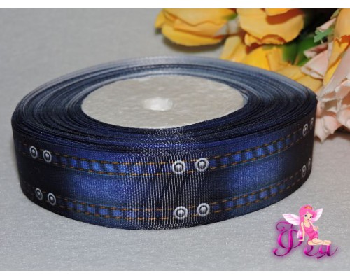 Репсовая лента с рисунком (мультики, 3D) 25мм, синего цвета под джинс.
