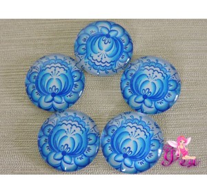 Кабошон стеклянный с рисунком 25мм, "Голубой узор" 