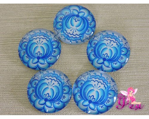 Кабошон стеклянный с рисунком 25мм, "Голубой узор" 