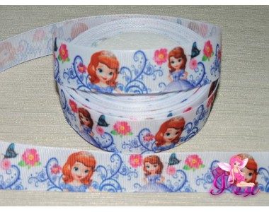 Репсовая лента 25 мм с рисунком 3D,   "Принцесса София и цветы"