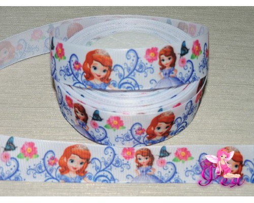 Репсовая лента 25 мм с рисунком 3D,   "Принцесса София и цветы"