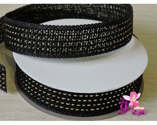Декоративная лента 25 мм, черного цвета с золотистой вставкой