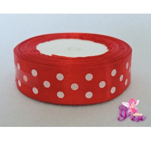 Лента атласная 25 мм с рисунком " Крупный белый горох", красного цвета  - 1м