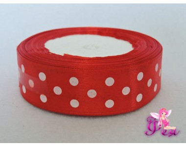 Лента атласная 25 мм с рисунком " Крупный белый горох", красного цвета  - 1м