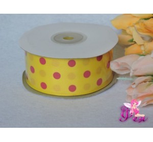 Репсовая лента 40 мм ярко-желтого цвета с рисунком "Крупный красный горох"