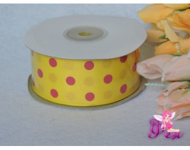 Репсовая лента 40 мм ярко-желтого цвета с рисунком "Крупный красный горох" С 150/25 40 мм