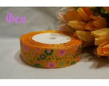 Атласная лента  25 мм с рисунком  "Разноцветные цветы" на оранжевом фоне