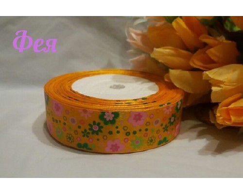 Атласная лента  25 мм с рисунком  "Разноцветные цветы" на оранжевом фоне