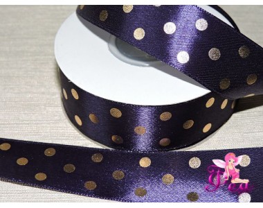 Атласная лента 25 мм в горошек золотой, цв.  фиолетовый